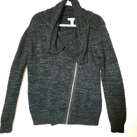 VTG Forever 21 Womens Sweater Cable Knit Asymmetric Zipper Size L Gray Black - Picture 2 of 15